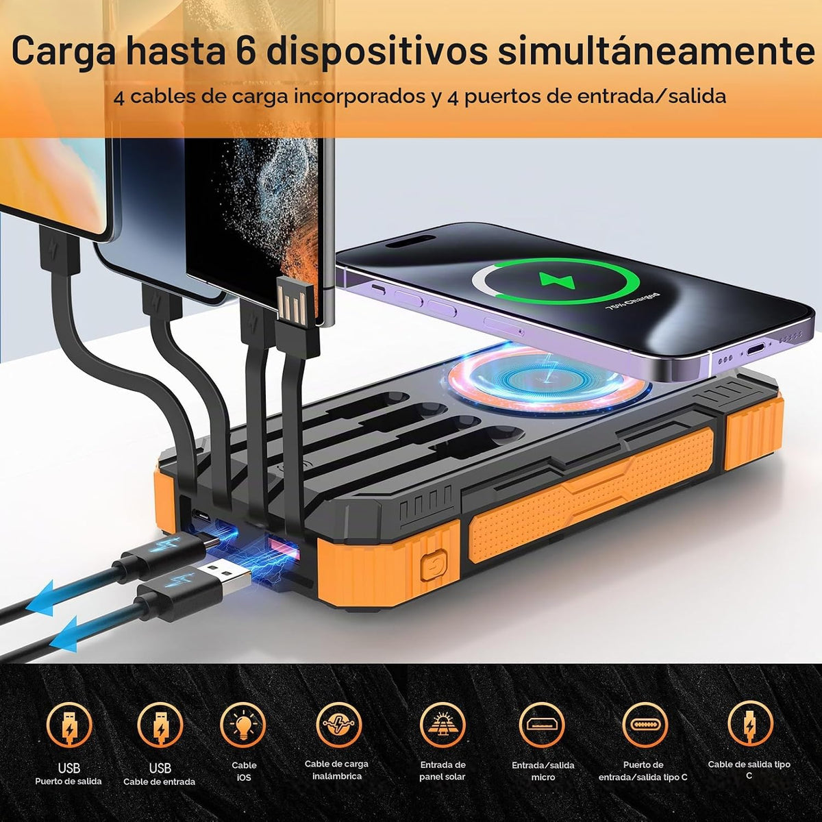 Banco de energía solar, cargador de teléfono portátil inalámbrico d...