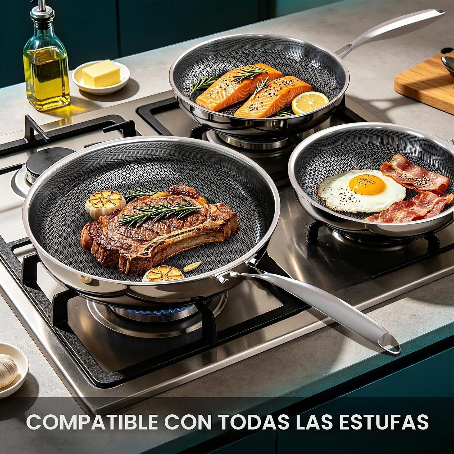Umite Chef Juego de sartenes híbridas antiadherentes, sartén de ace...