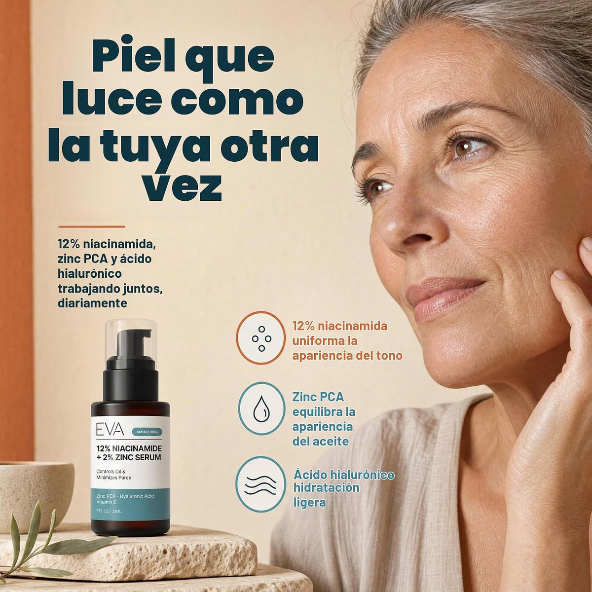 Eva Naturals Niacinamida 12% + Suero de zinc con ácido hialurónico,...