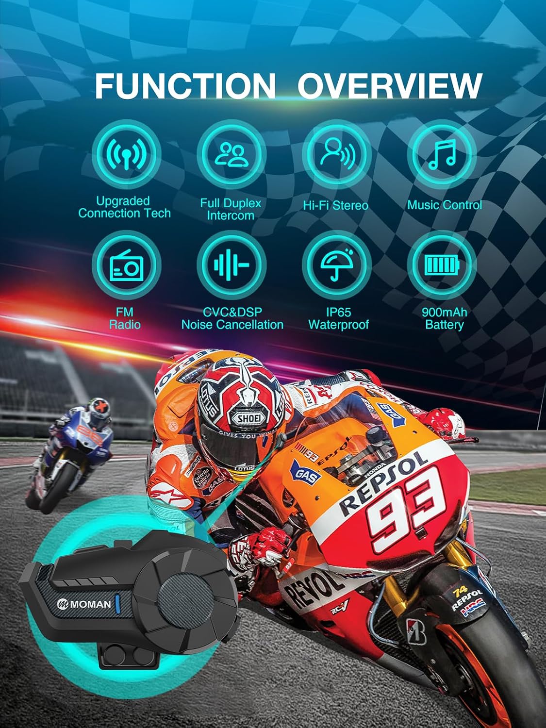 Moman Casco de Moto Intercomunicador, H2 Pro【Pack de 2 de Fibra de...
