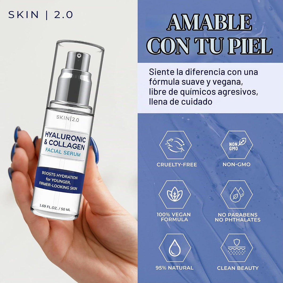 Skin 2.0 Suero Facial de Ácido Hialurónico y Colágeno - Probado por...