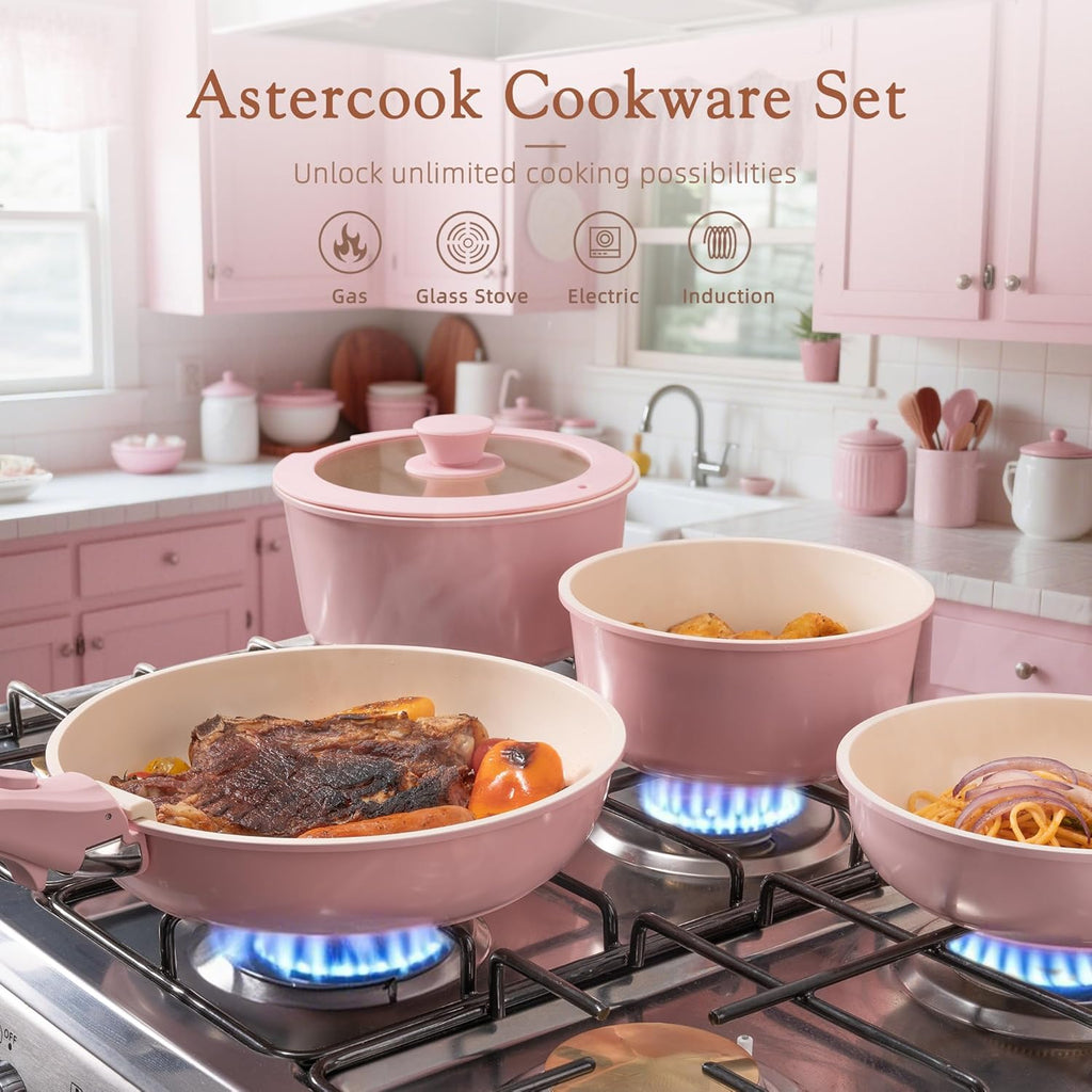 Astercook Juego de 23 ollas y sartenes antiadherentes, juego de ute...