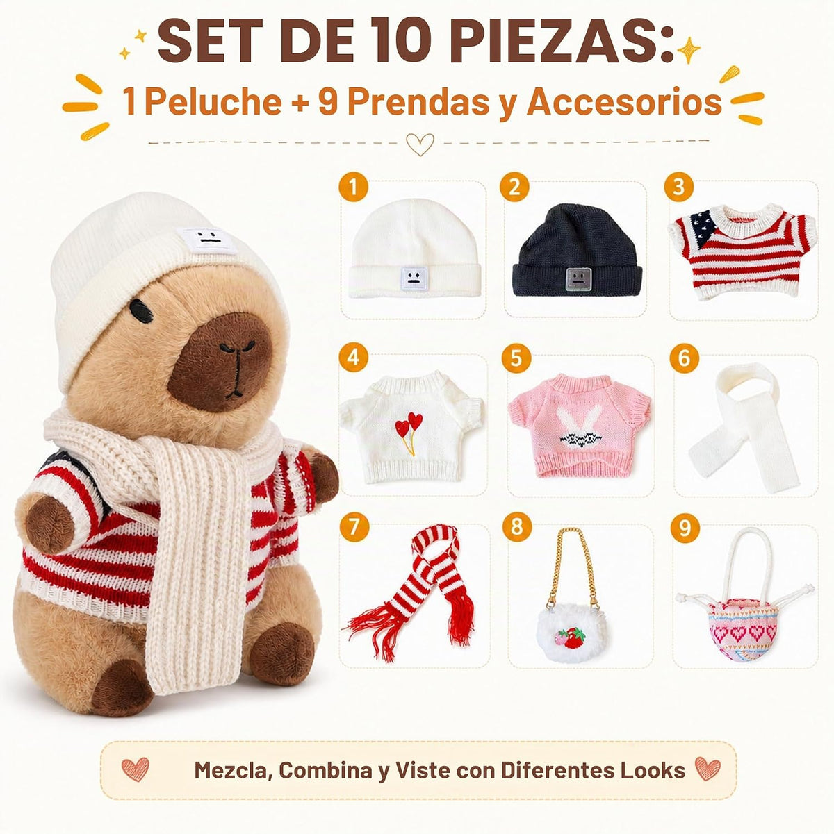WAKSUN Capybara - Peluche con 10 piezas de ropa y accesorios, anima...