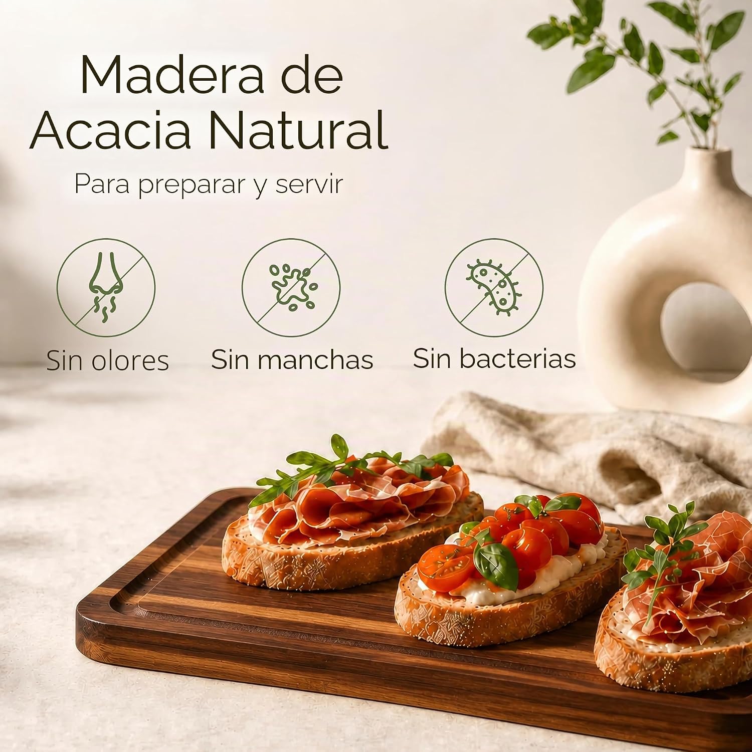 Juego de 3 tablas de cortar de madera de acacia con soporte, ranura...