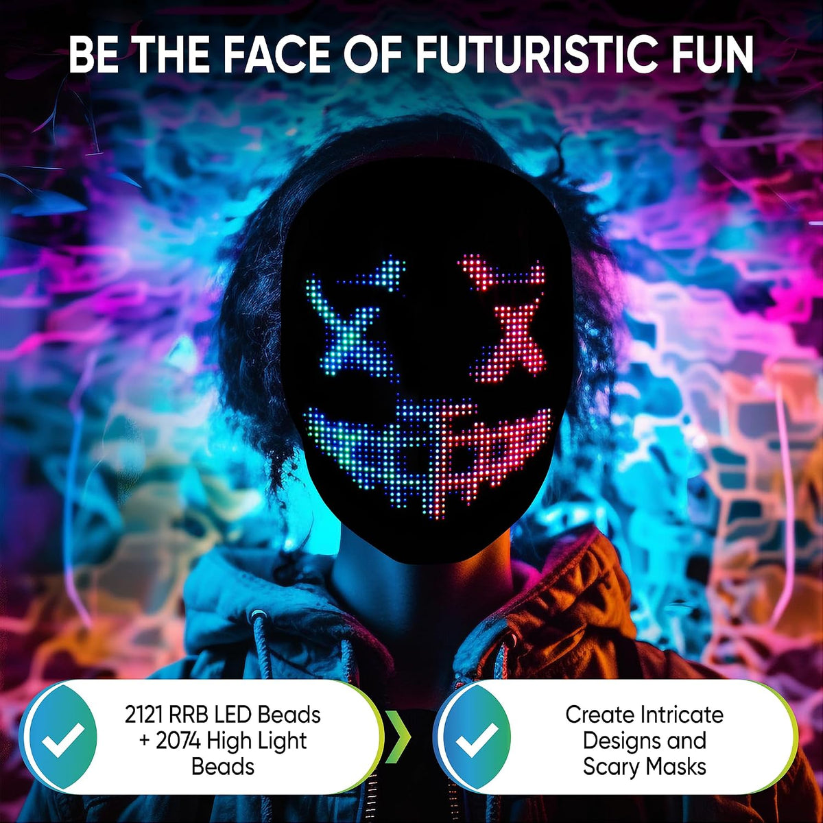 Máscara LED con luz facial, recargable, Digital, disfraz de Hallowe...