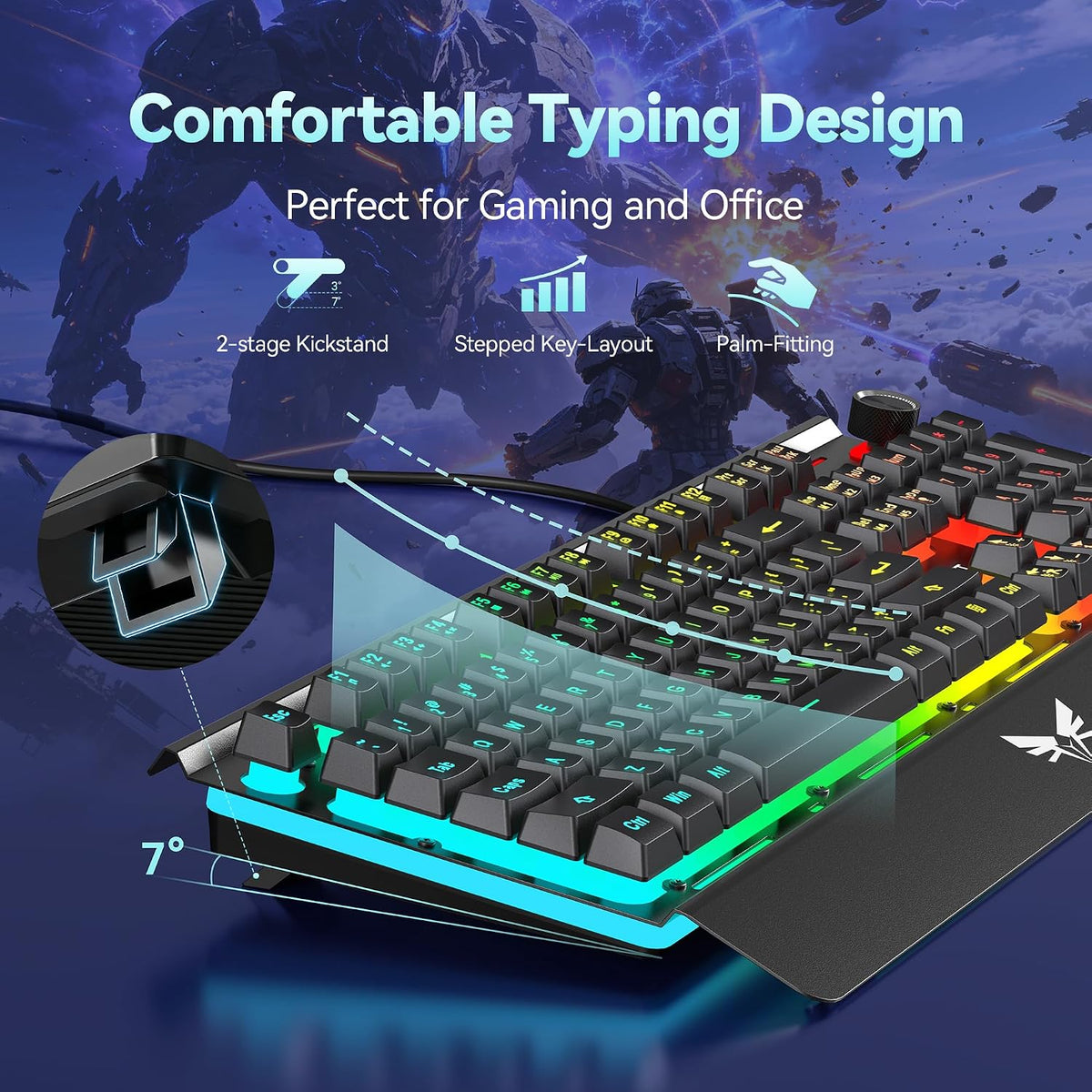 TECKNET Teclado para juegos con cable, teclado RGB de panel metálic...