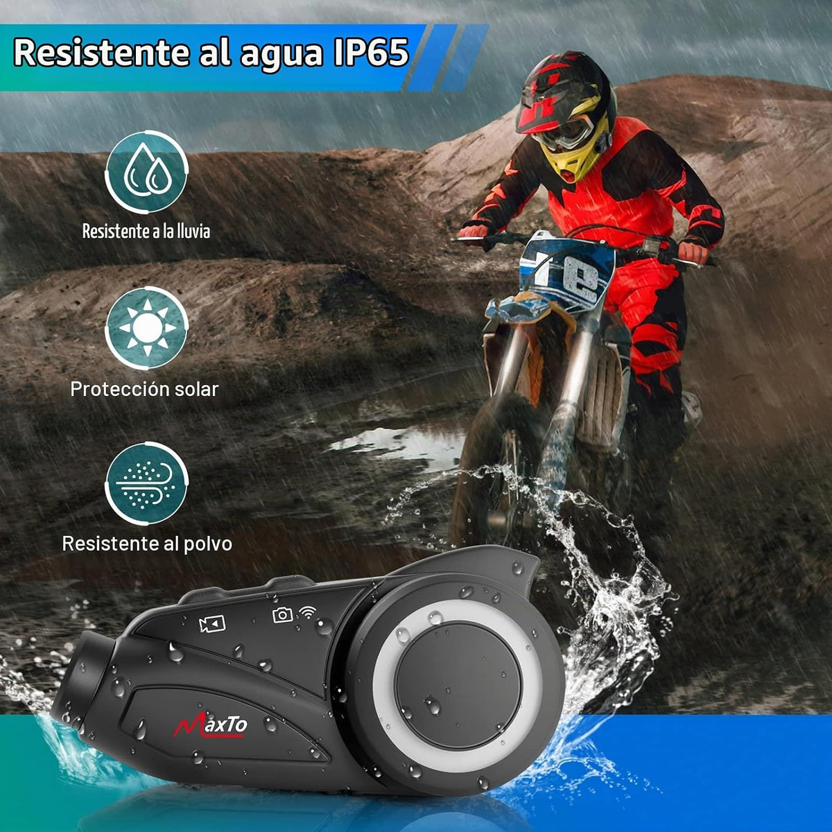 MAXTO Auriculares Bluetooth para Motocicleta con Cámara 1080P HD, M...