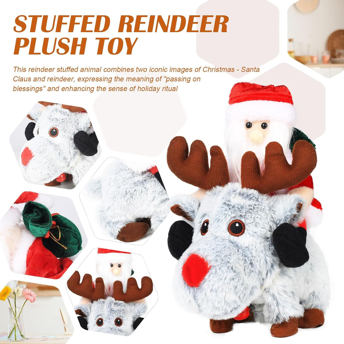 Gfilay Juguete de peluche animado de Papá Noel montando reno gris c...