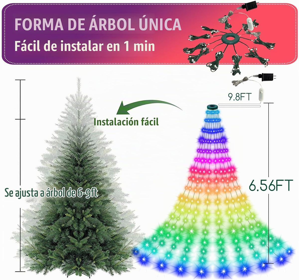 Luces inteligentes para árbol de Navidad, línea colgante de 6.5 pie...