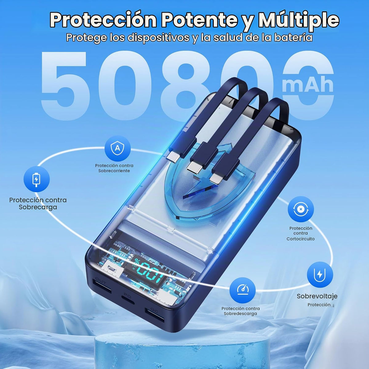 Cargador portátil de 50800 mAh con 3 cables integrados, 25 W PD QC4...