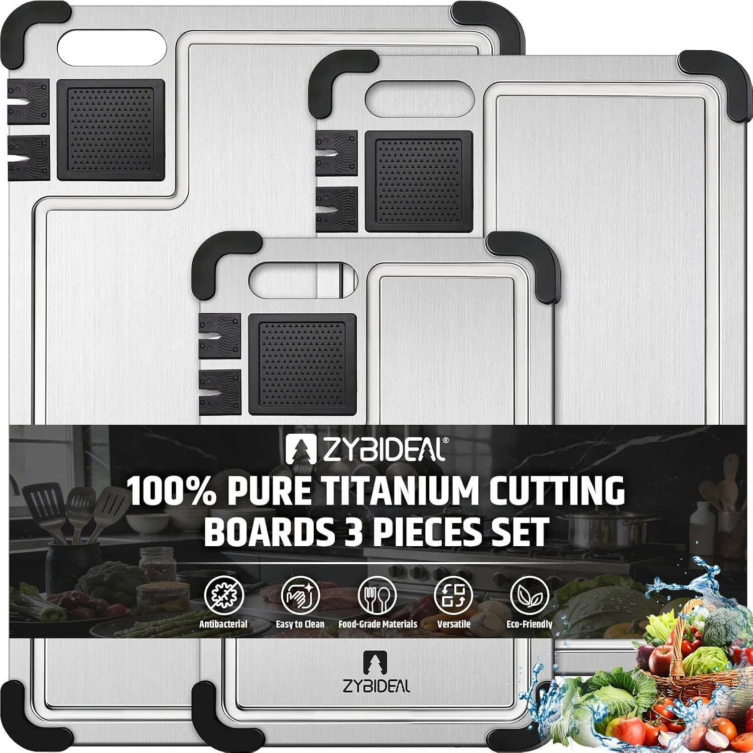 ZYBIDEAL Juego de 3 tablas de cortar de titanio premium, tabla de c...