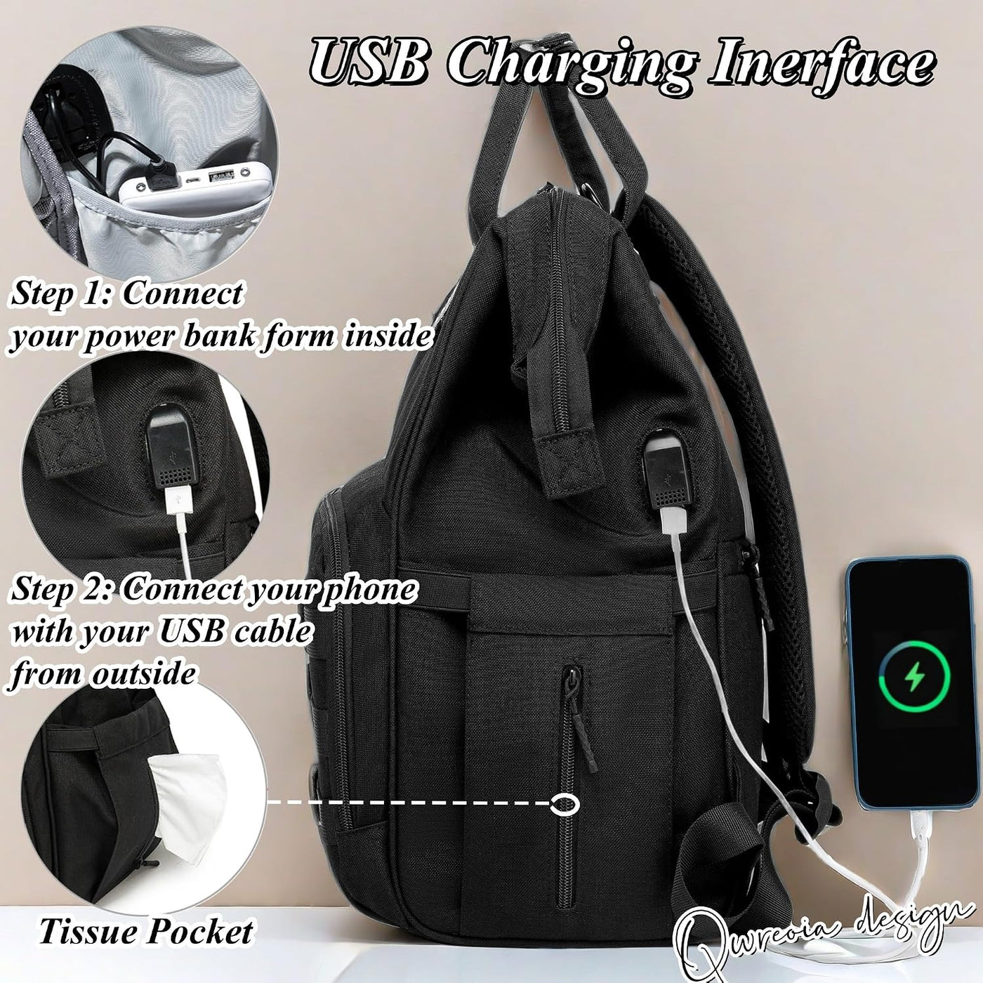 QWREOIA Mochila para pañales para papá y mamá con puerto de carga U...