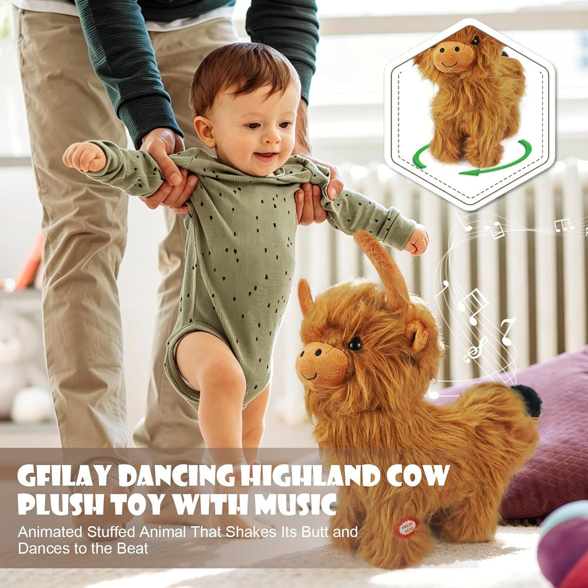 Gfilay Peluche de vaca bailando de las tierras altas con música | A...