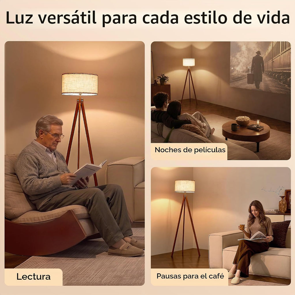 LEPOWER Lámpara de pie trípode de madera, lámpara de pie de mediado...