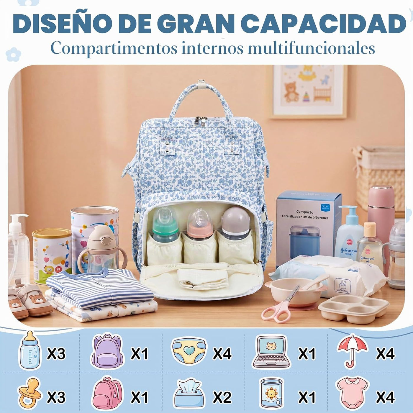 Sunnymove - Mochila para pañales con cambiador, color azul, floral...