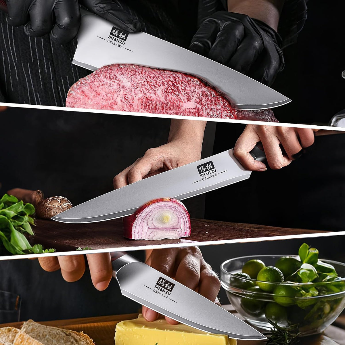 SHAN ZU Juego de cuchillos japoneses de 3 piezas, juego de cuchillo...
