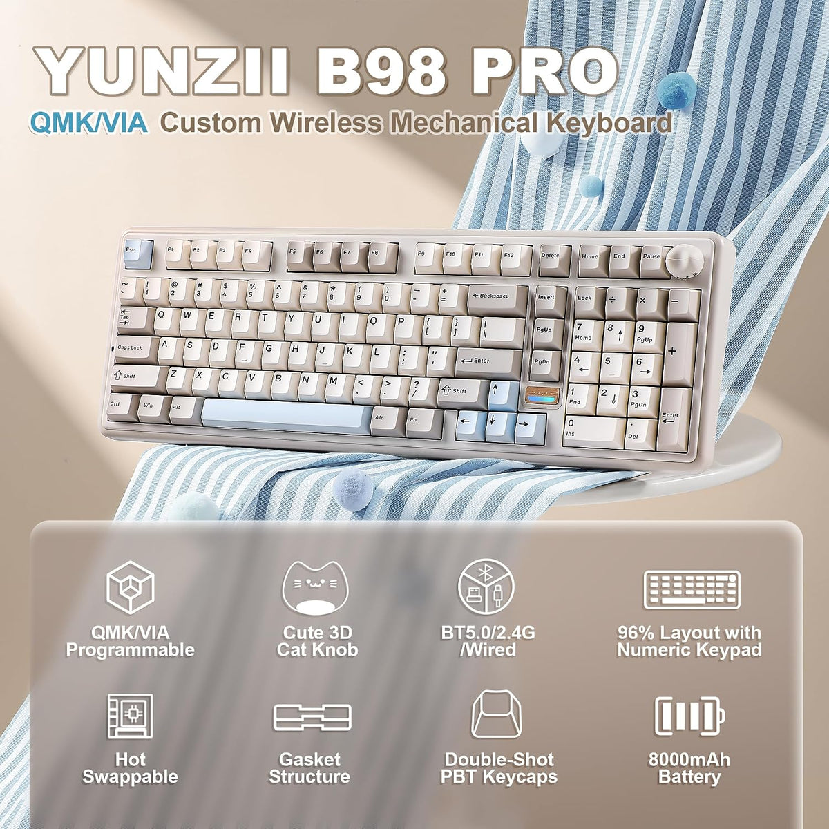 YUNZII Teclado mecánico inalámbrico B98 PRO 96% (beige, interruptor...