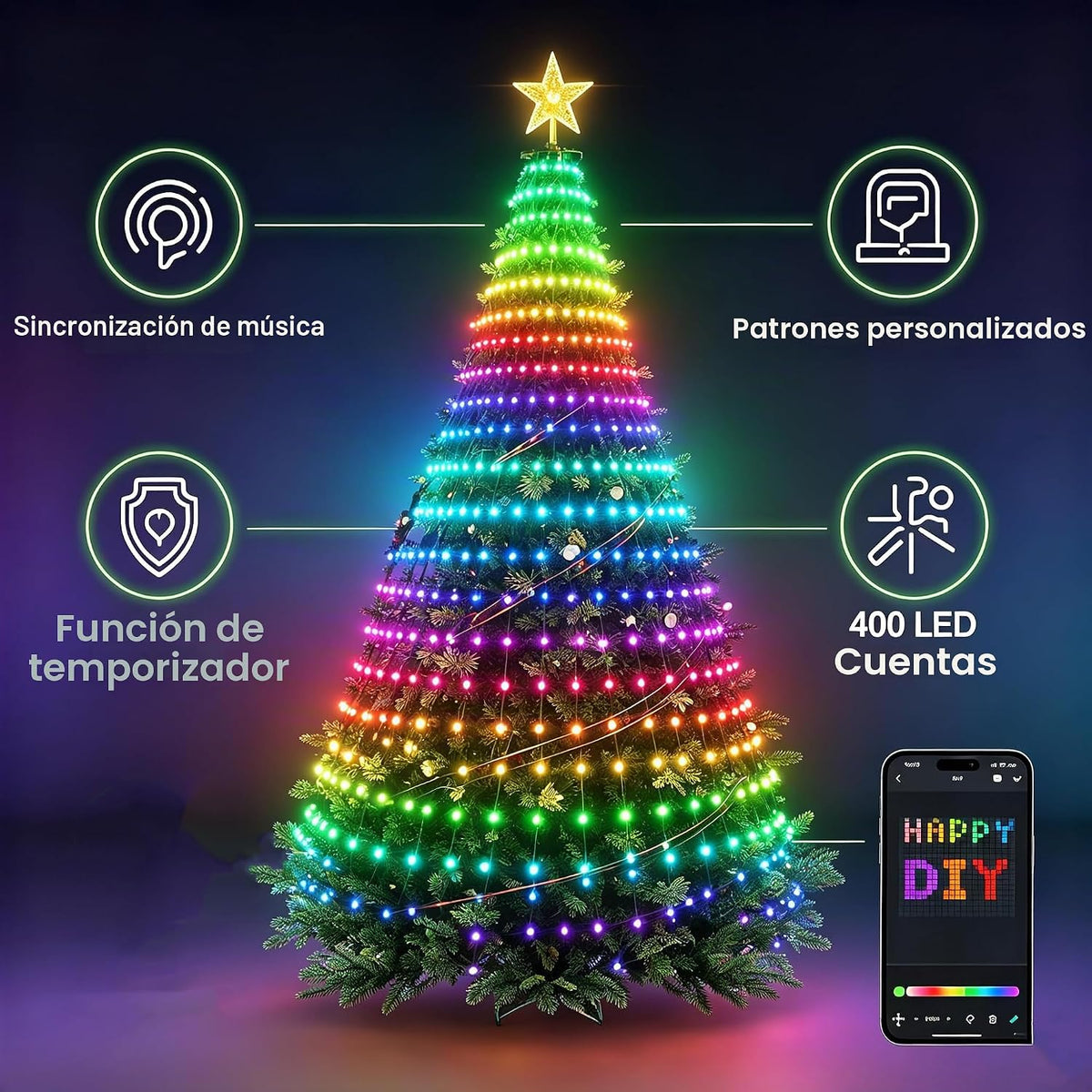 Luces inteligentes para árbol de Navidad, luces LED de cascada, dec...