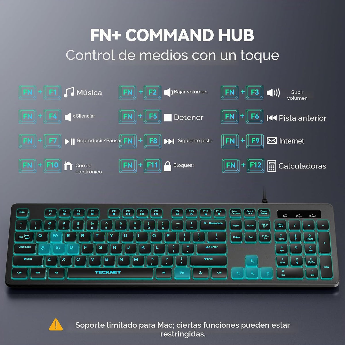 TECKNET Teclado con cable, escritura silenciosa, diseño de tamaño c...