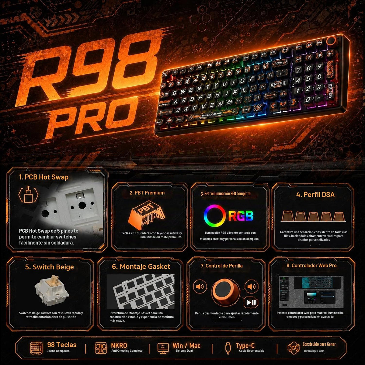 RK ROYAL KLUDGE R98 Pro Teclado mecánico con cable, teclado RGB par...