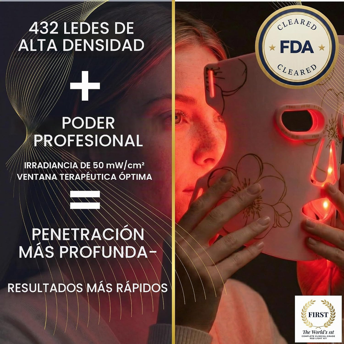 Vital Vibes Máscara facial LED para terapia de luz roja aprobada po...