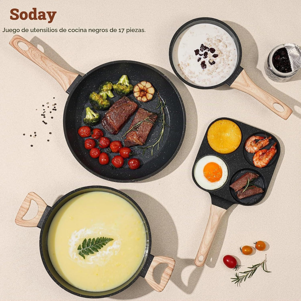 SODAY - Juego de ollas y sartenes antiadherentes, 17 piezas de uten...