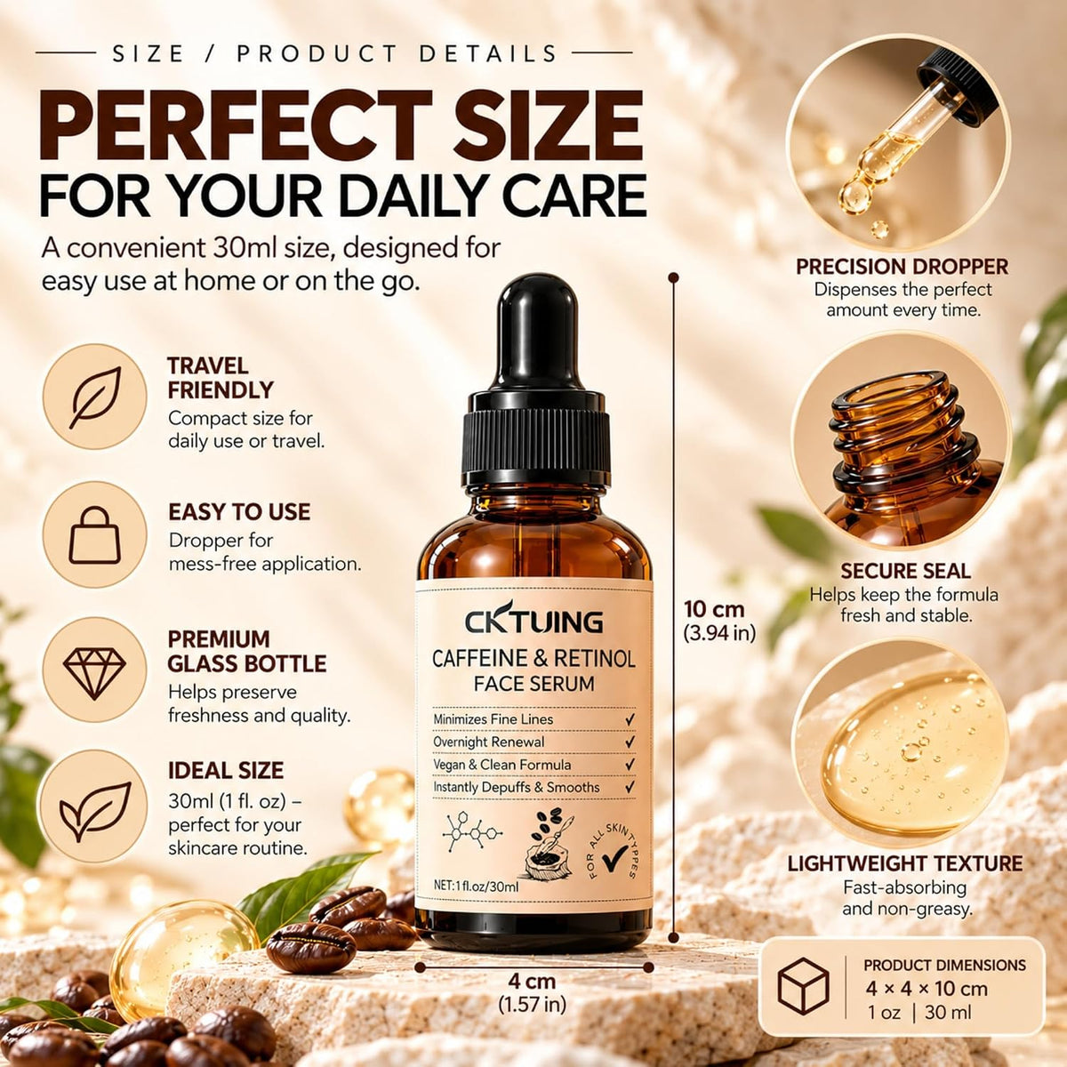 Suero facial de cafeína y retinol con ácido hialurónico, niacinamid...