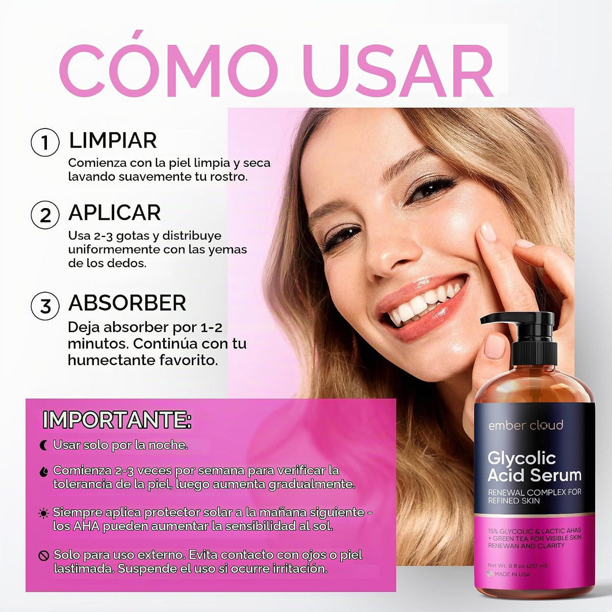Ember Cloud Suero de ácido glicólico para rostro 15%, ácido láctico...