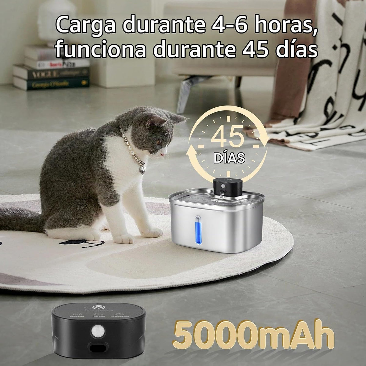 Fuente de agua inalámbrica para gatos de acero inoxidable, dispensa...