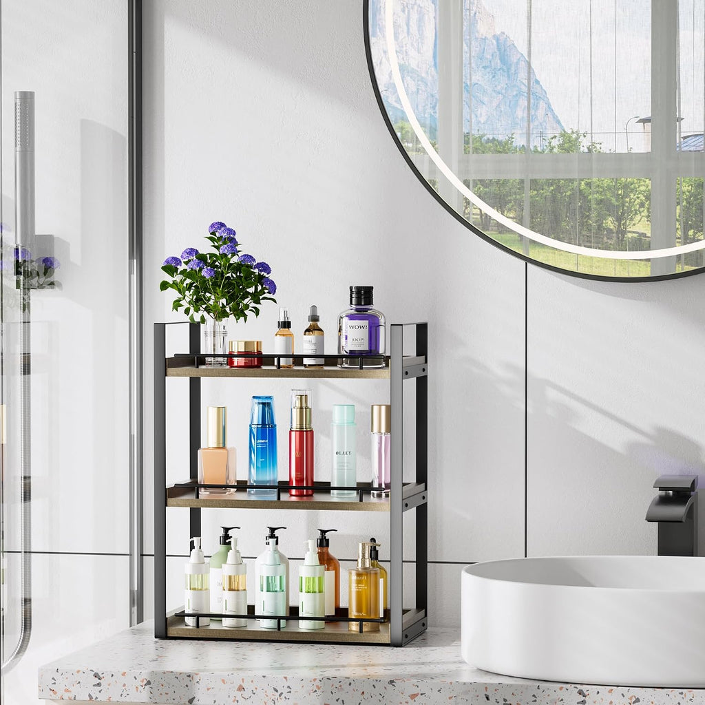 CeleVista Organizador de encimera de baño, estante de madera de 3 n...