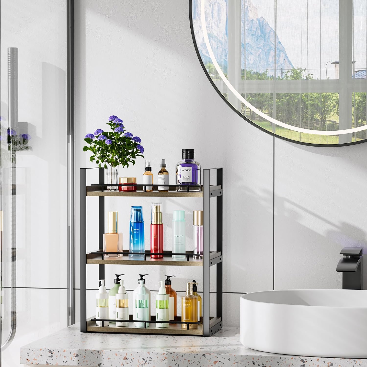 CeleVista Organizador de encimera de baño, estante de madera de 3 n...