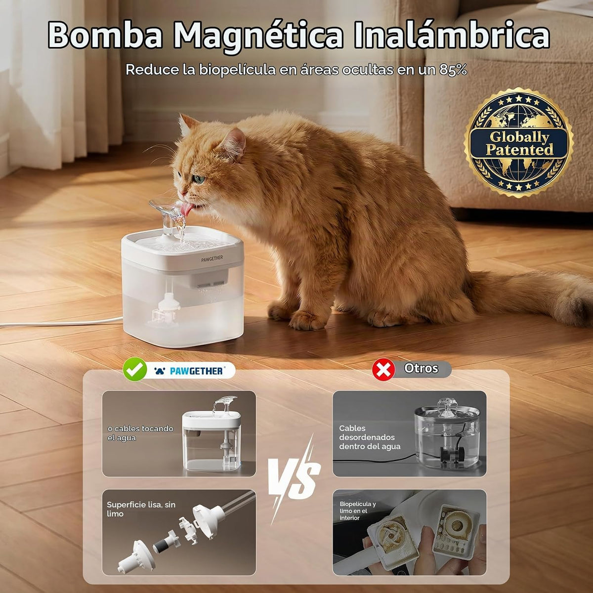 PAWGETHER® Fuente de agua para gatos con bomba inalámbrica de 51 oz...