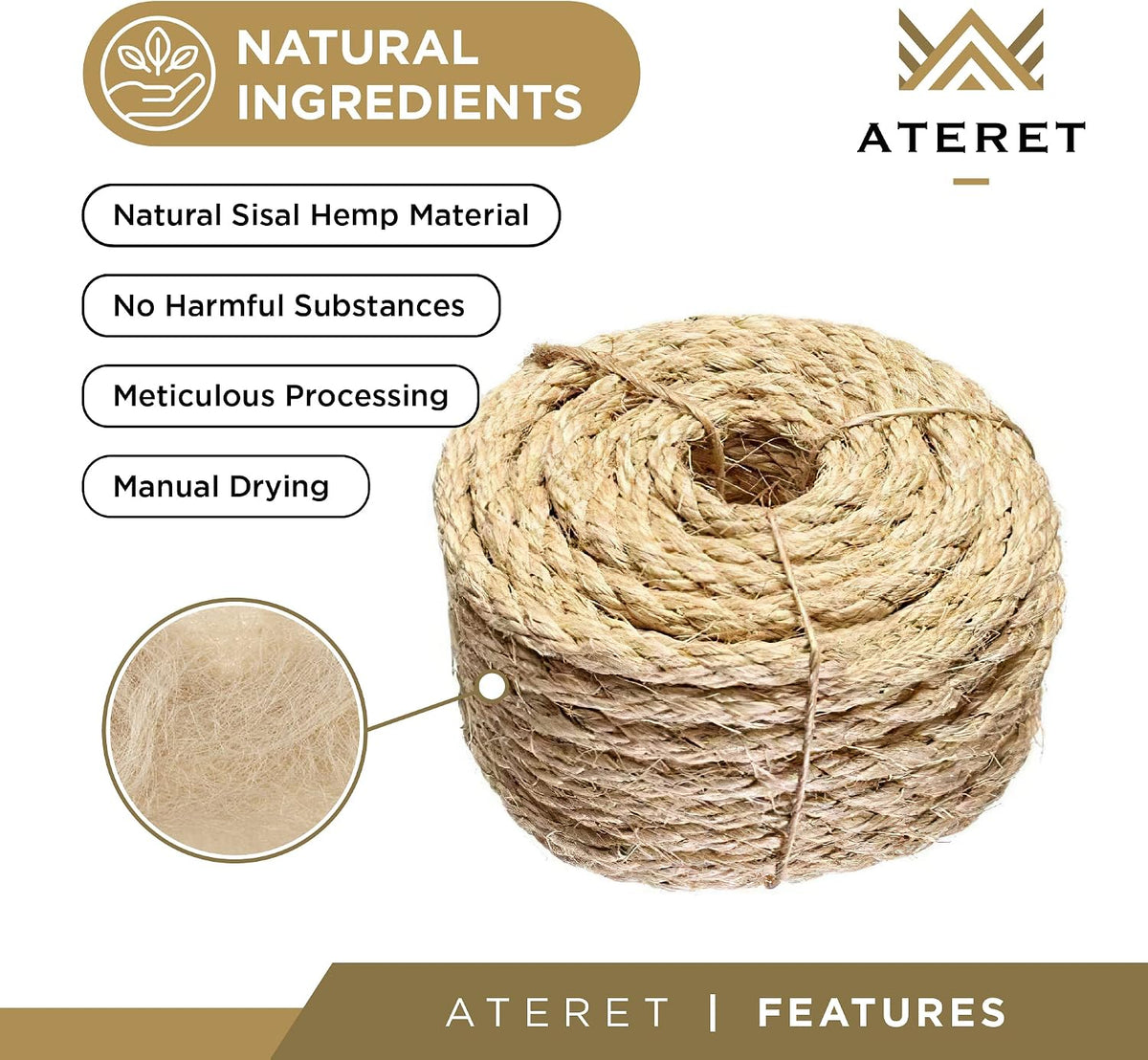 ATERET Cuerda de sisal de fibra natural de 3\/8 pulgadas por 100 pi...