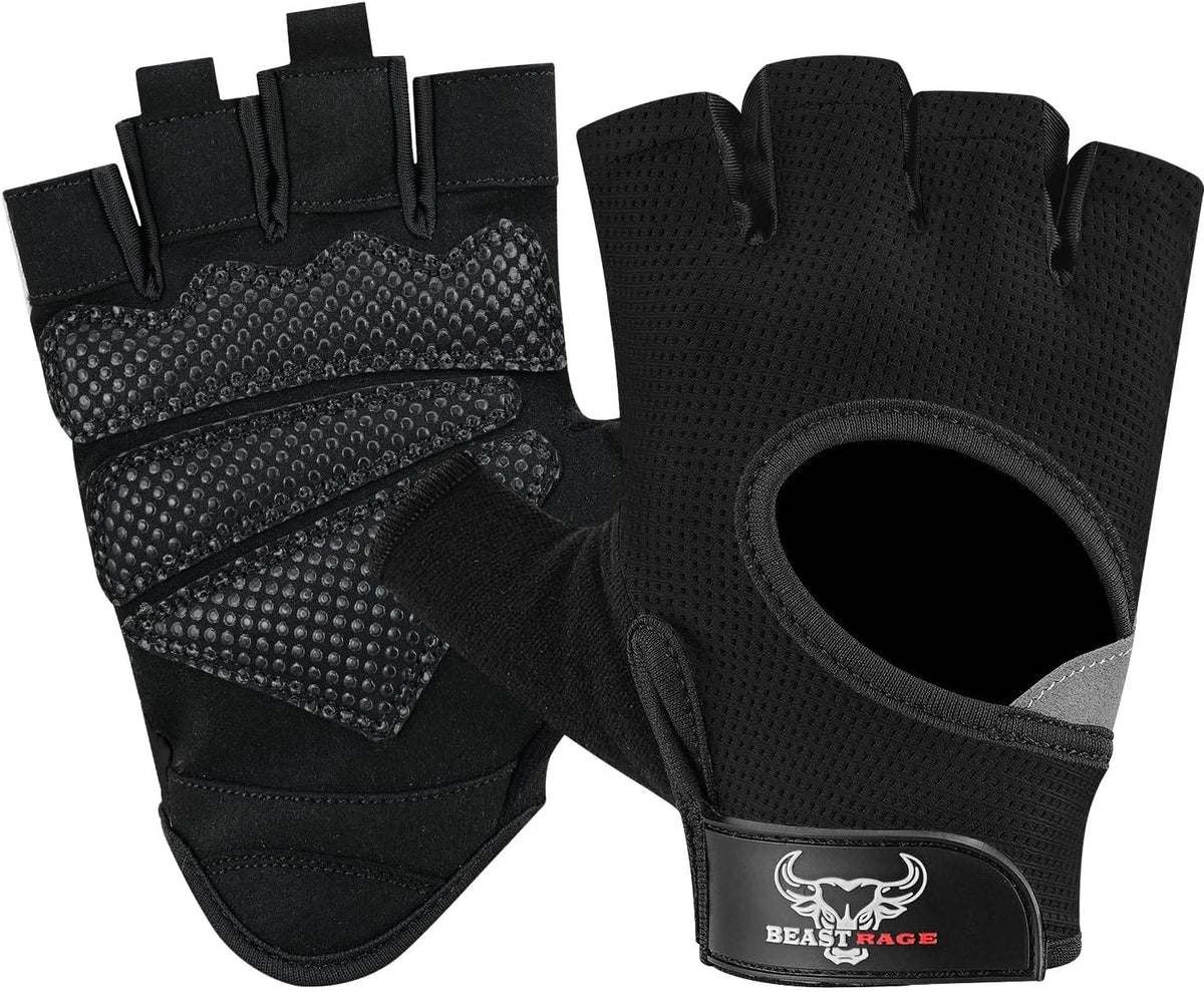 BEAST RAGE Guantes sin dedos para levantamiento de pesas con acolch...