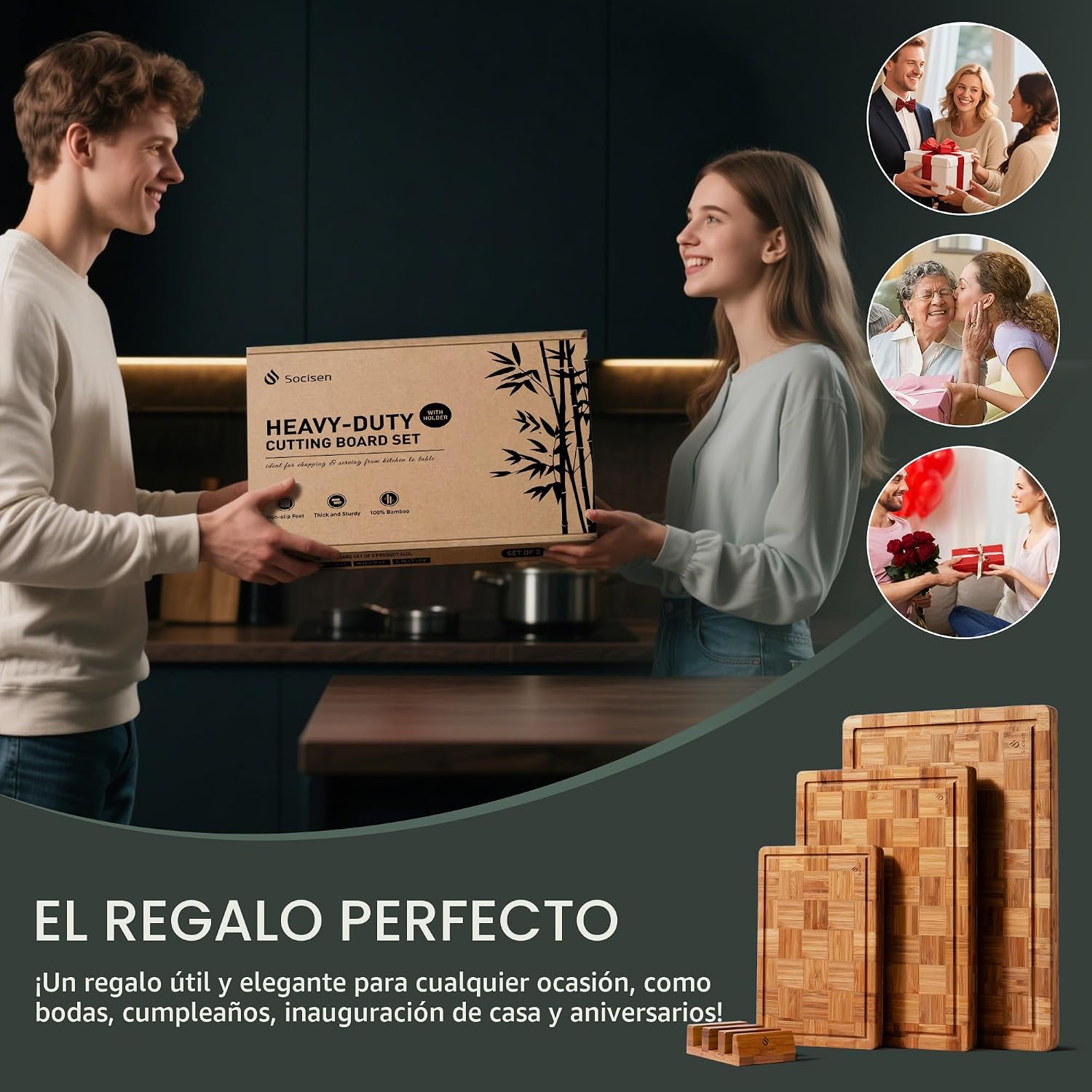 Juego de 3 Tablas de Cortar de Bambú Resistentes No Tóxicas, Tabla...