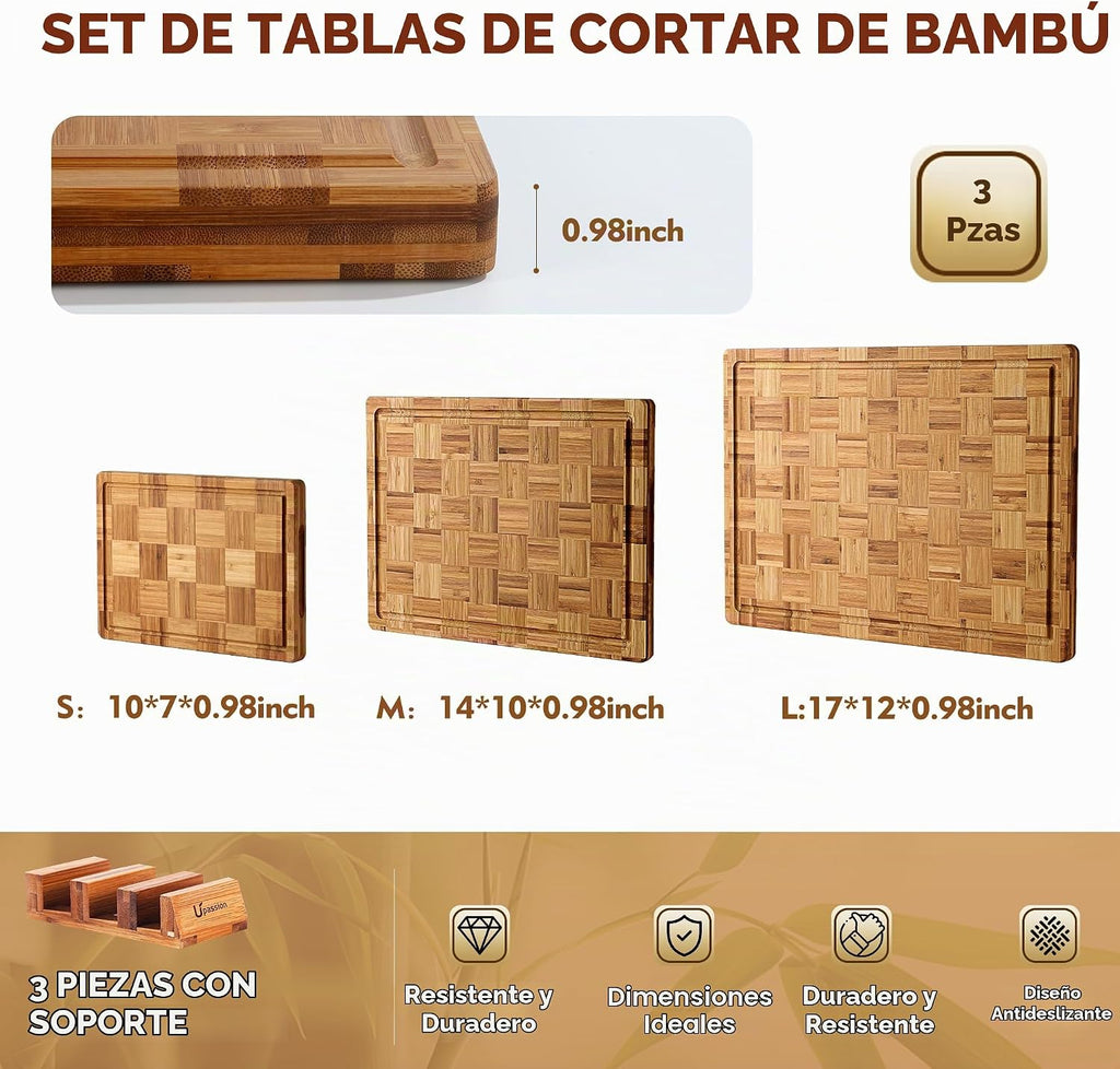 Juego de 3 tablas de cortar de bambú para cocina, madera | Grano fi...