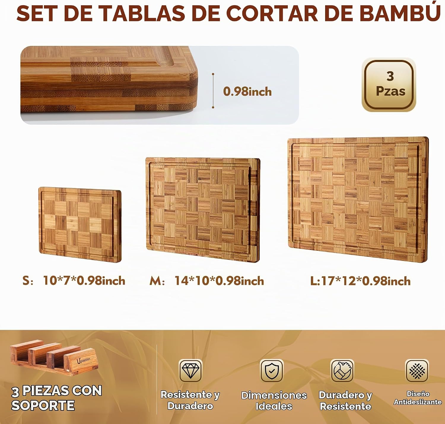 Juego de 3 tablas de cortar de bambú para cocina, madera | Grano fi...