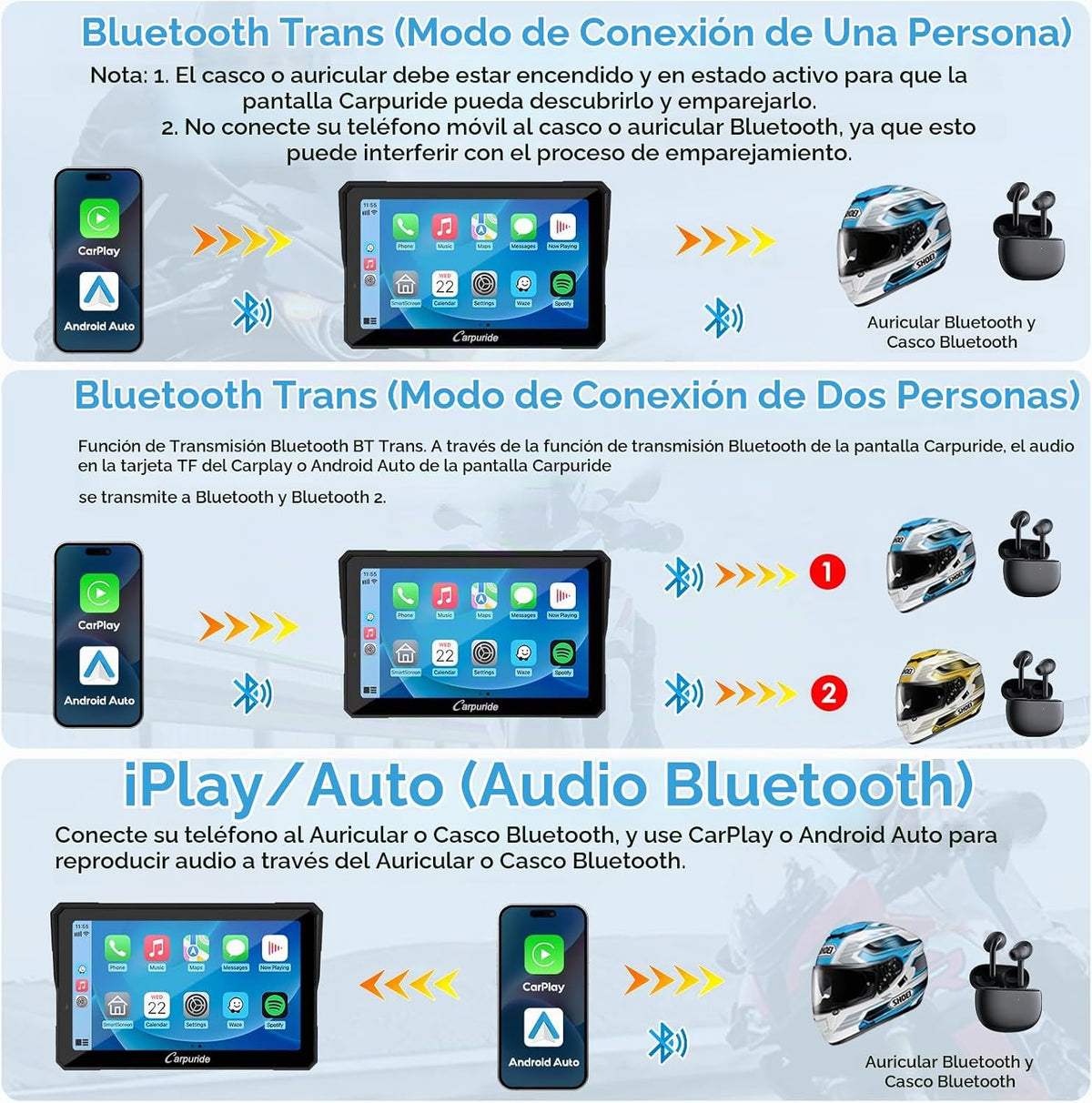 Carpuride W702PRO 7" para motocicleta CarPlay y Android Auto Du...