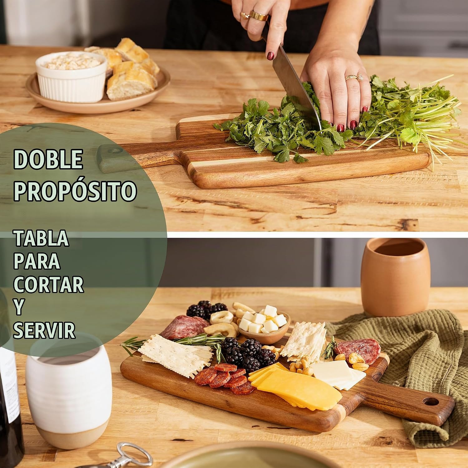 Tabla de cortar de madera de acacia y tabla de cortar con mango par...