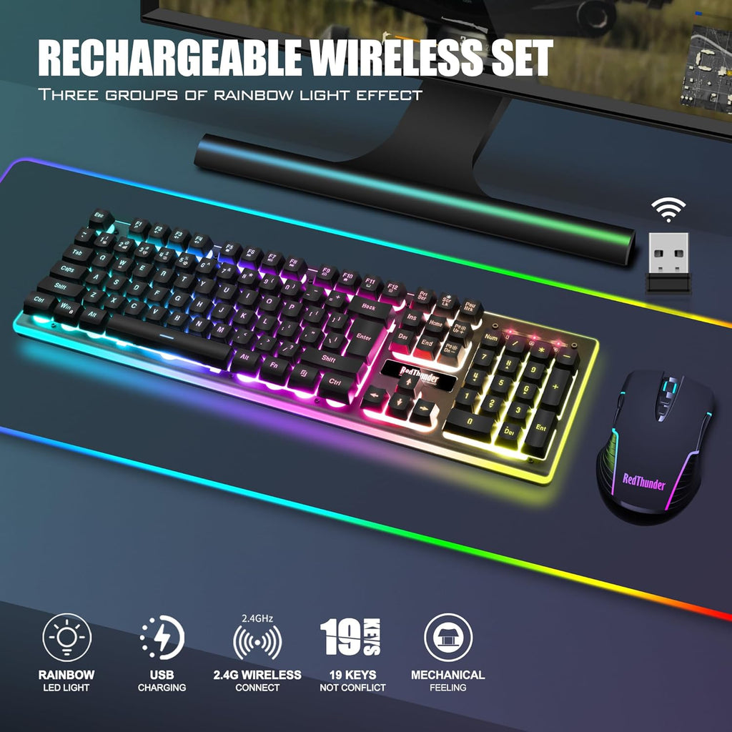 RedThunder K10 Combo de teclado y mouse inalámbricos para juegos, b...