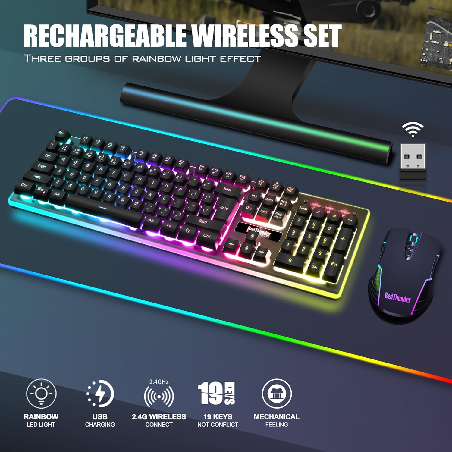 RedThunder K10 Combo de teclado y mouse inalámbricos para juegos, b...