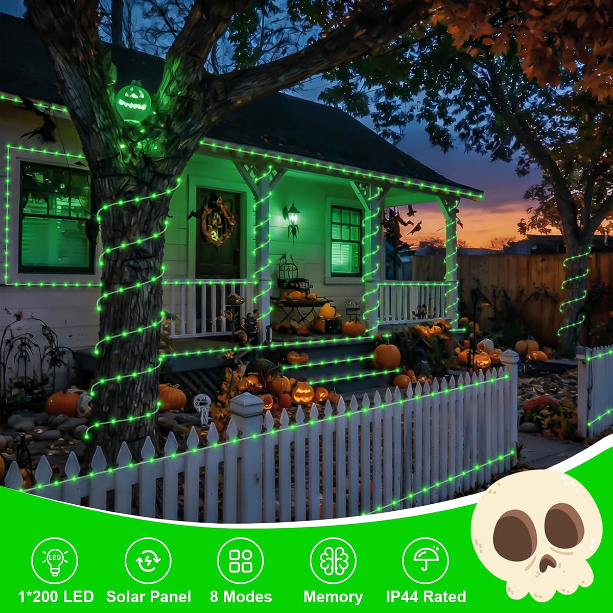 QITONG Luces solares verdes de Halloween, 66 pies, 200 luces LED so...
