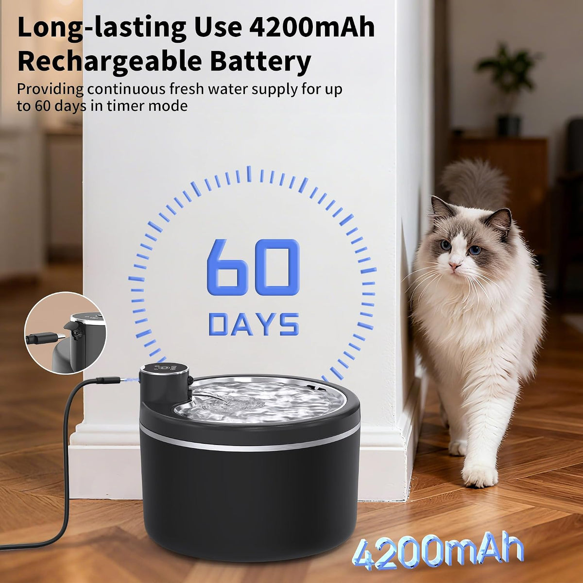 Fuente de agua para gatos sin cable, fuentes para mascotas de 108 o...