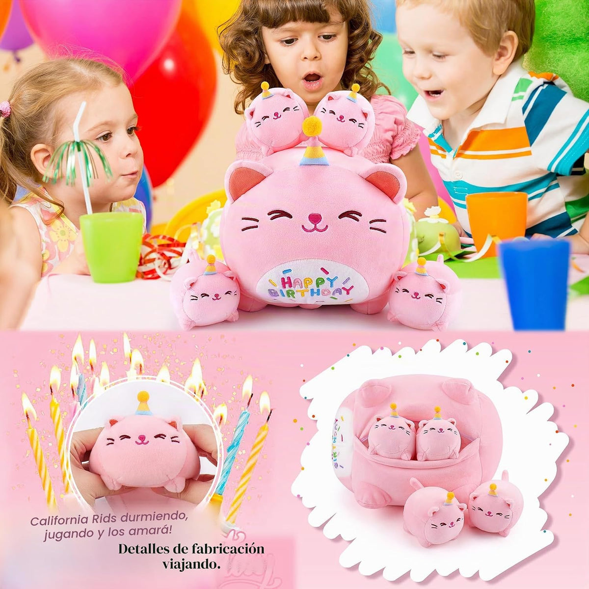 Peluche de Gato Rosa de Cumpleaños, 5 Piezas Familia de Animales de...