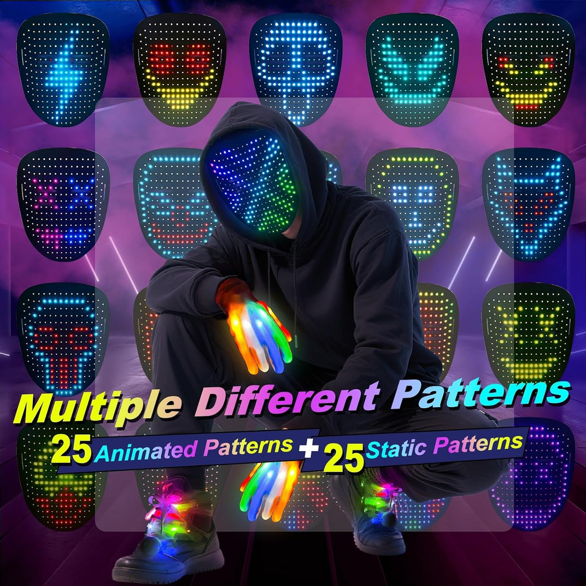 Juego de 3 guantes y cordones de esqueleto con máscara LED con dete...
