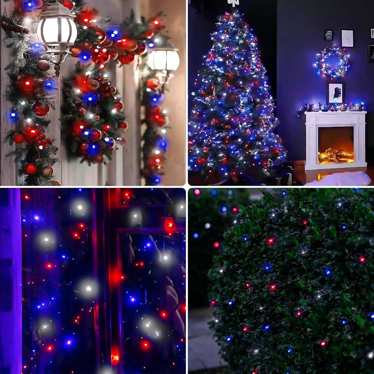 Guirnalda de 200 luces LED, rojo, blanco y azul, exterior, interior...