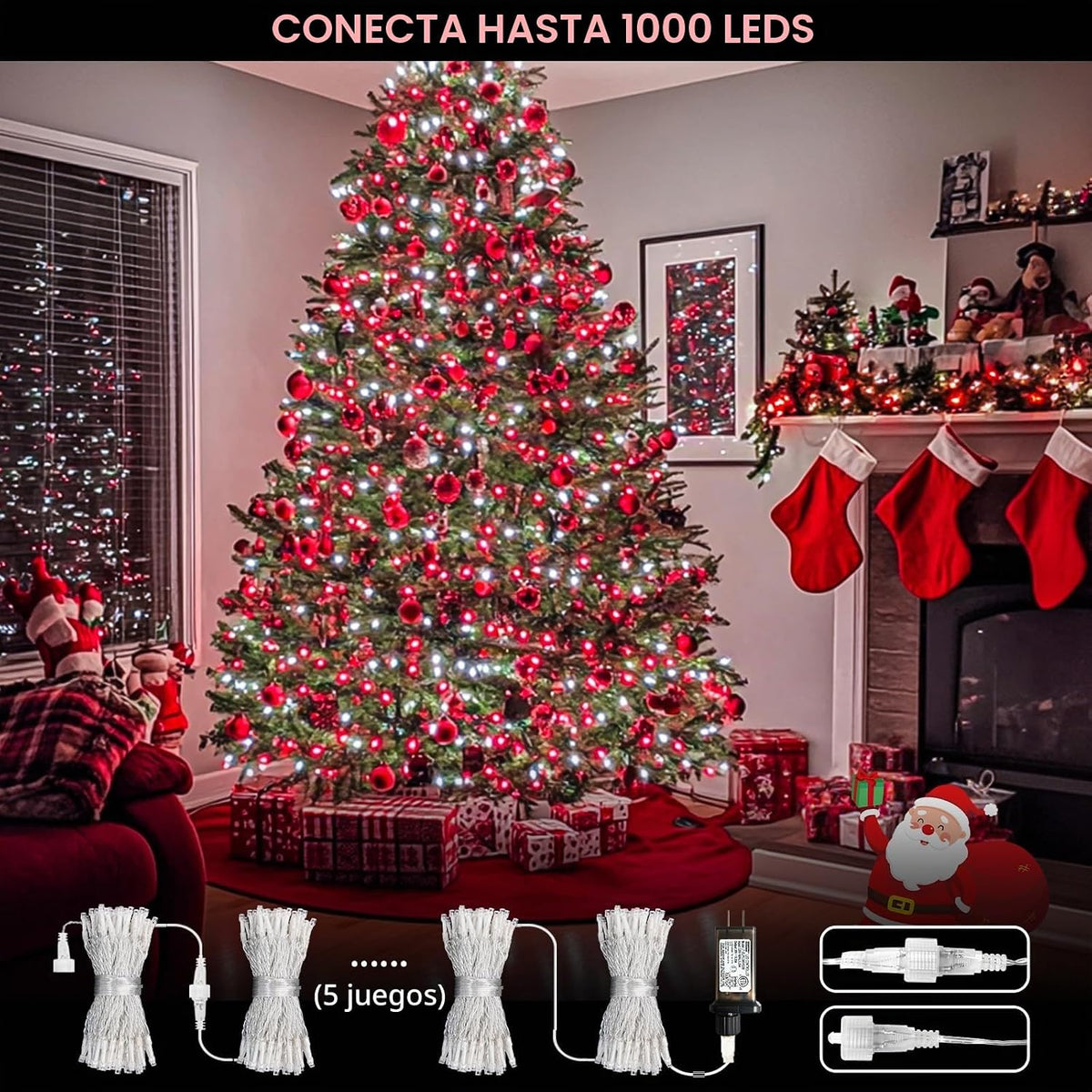 JMEXSUSS 200 LED Cadena de luces rojas y blancas para interiores y...