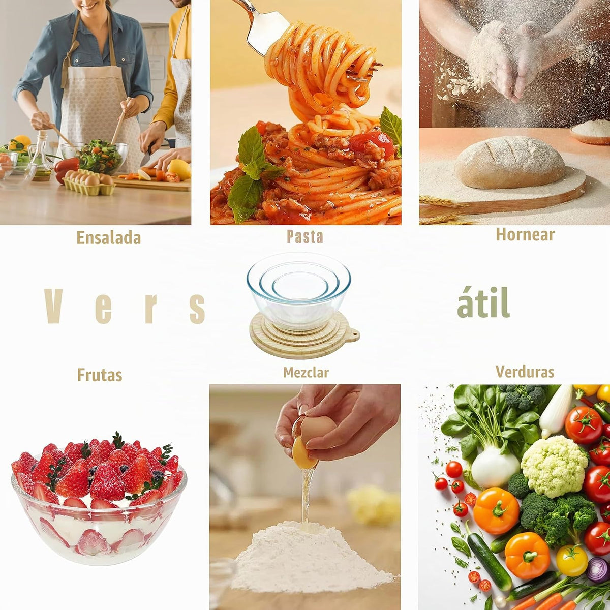 ECWAY Juego de 3 cuencos de vidrio para ensalada con tapas de bambú...