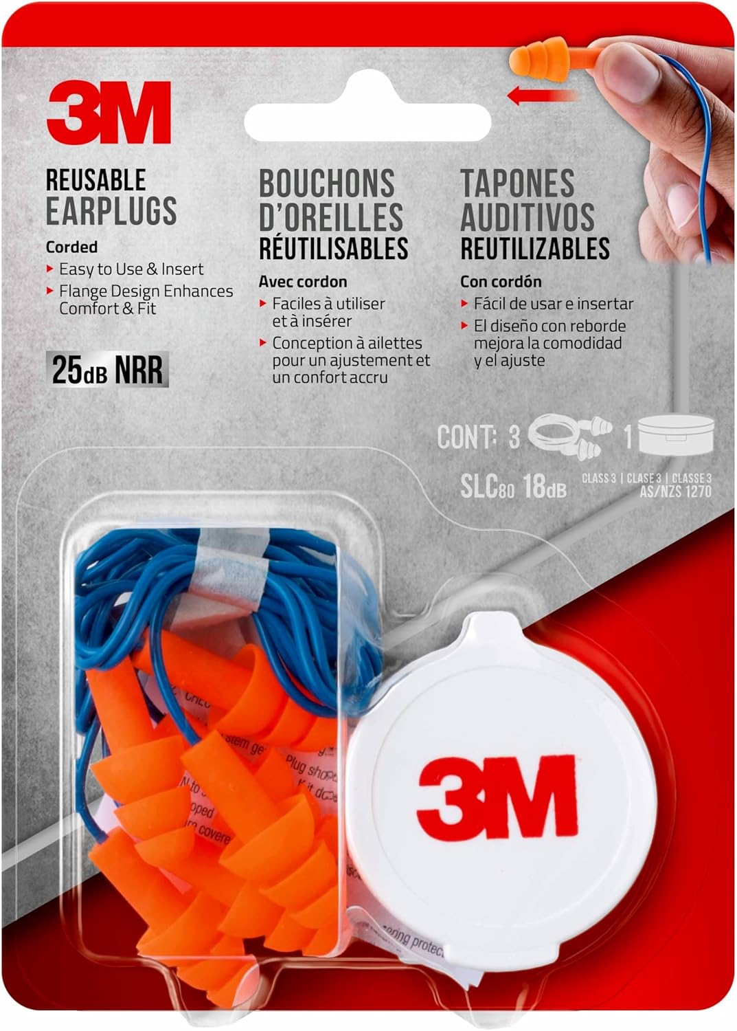 3M Tapones para los oídos reutilizables con cable, paquete de 3, cl...