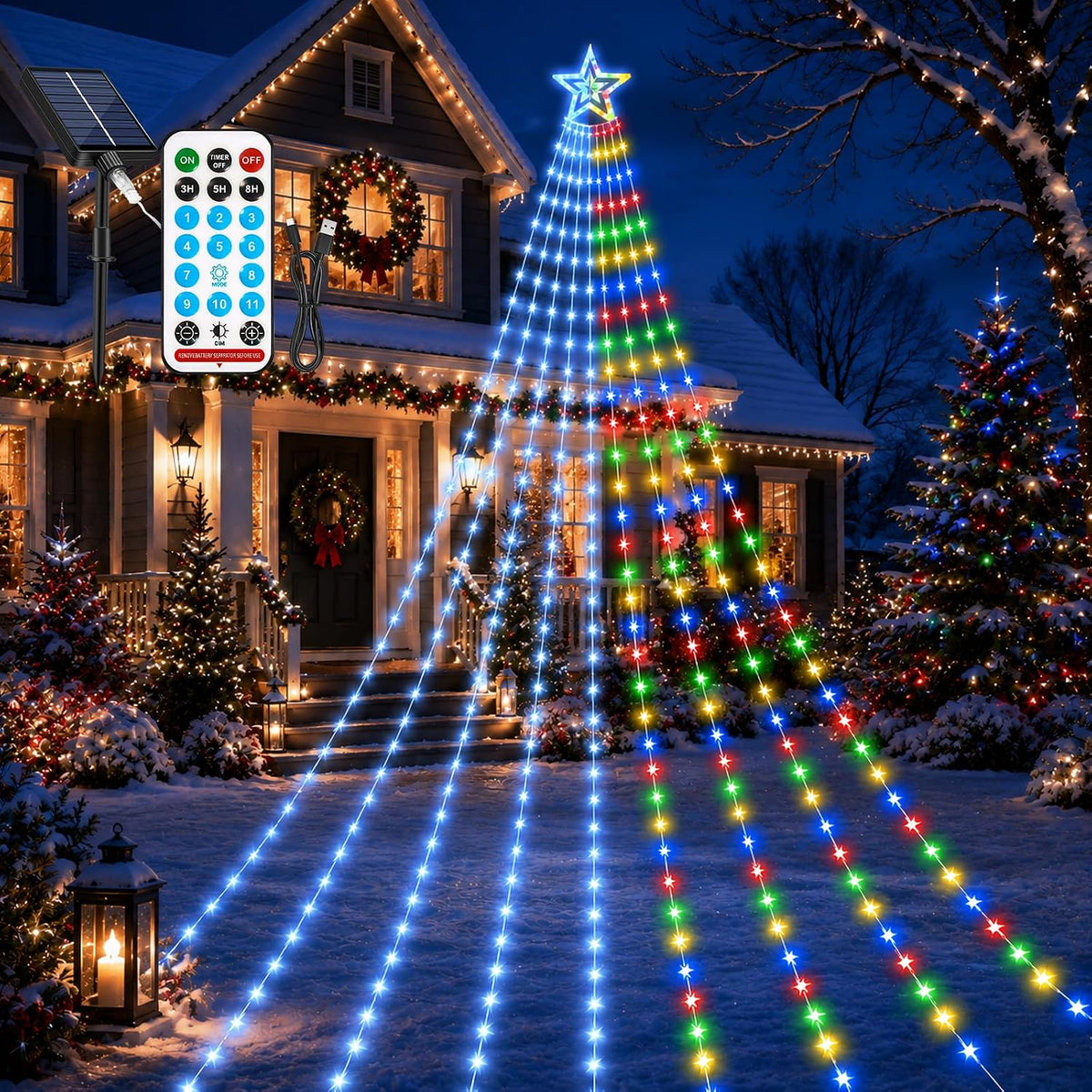 Guirnalda de luces solares de Navidad para exteriores, azul hielo y...